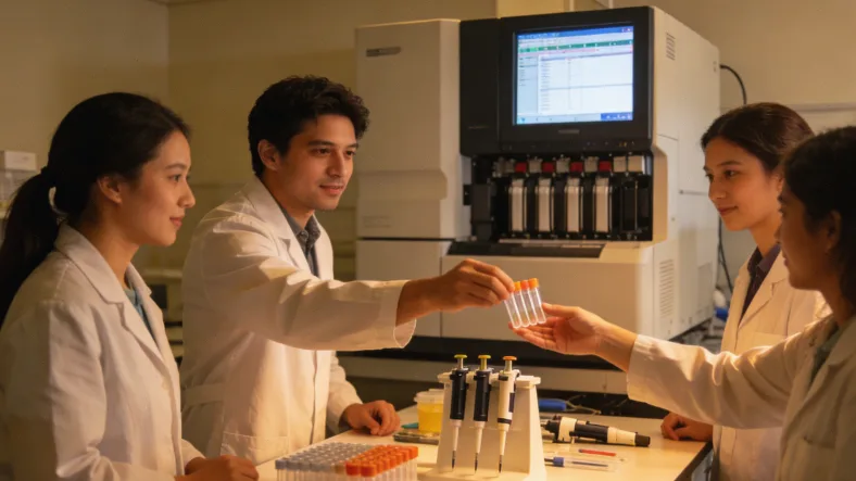 一位女性正在医生办公室查看基因检测报告