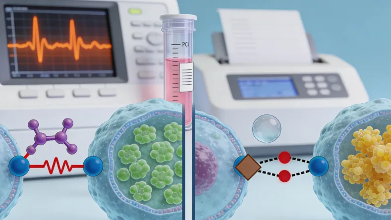 漫画图:一个肿瘤像座山,穿刺针取一小块,血液中有许多DNA碎片飘出
