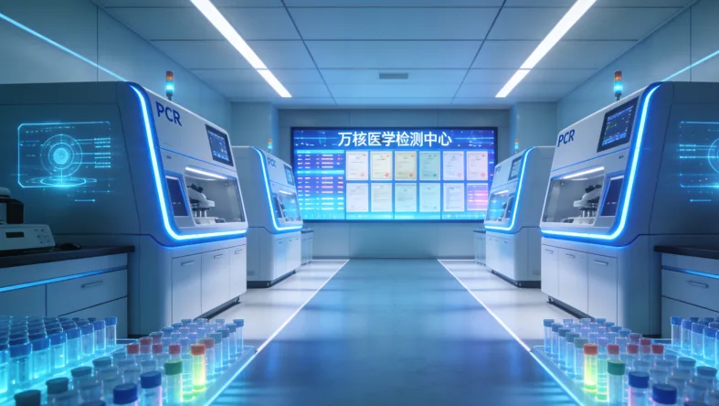 医生和患者对着电脑（显示基因报告）深入交谈的场景插画