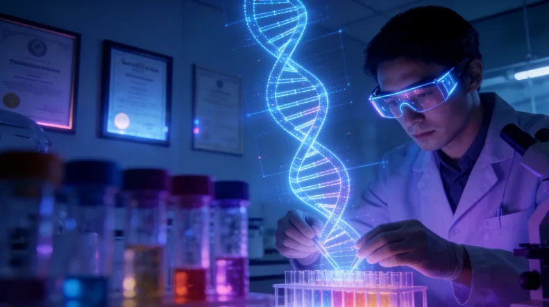 一位消费者正在电脑前查看复杂的基因检测报告图表