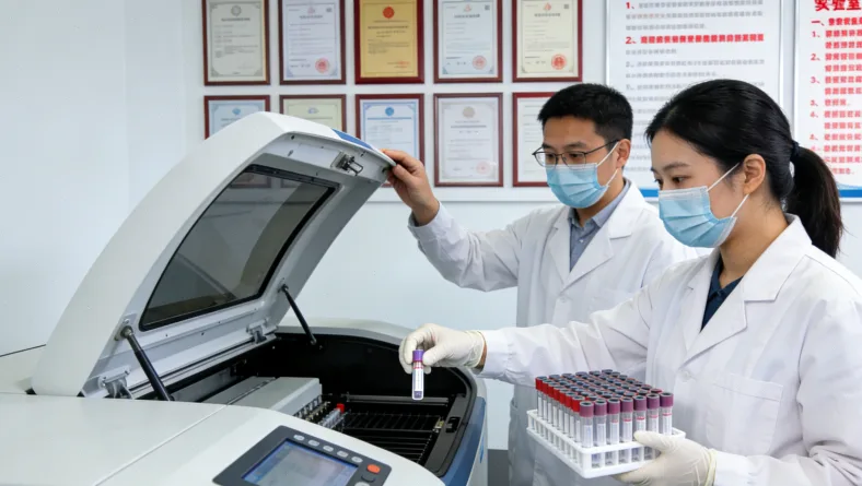 医生与患者共同查看报告，手指向某处讨论