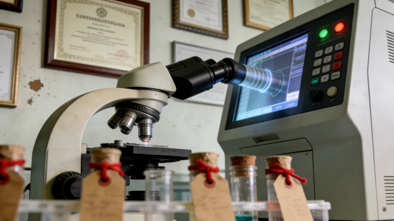 医生和患者坐在诊室，手指着药物说明书进行沟通