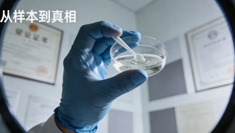 一位成年人对着镜子查看手臂上的红色风团，表情困惑。