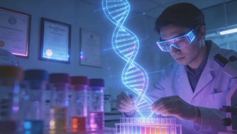 医生在诊室中，同时观看电脑上的基因报告和患者的纸质记录。