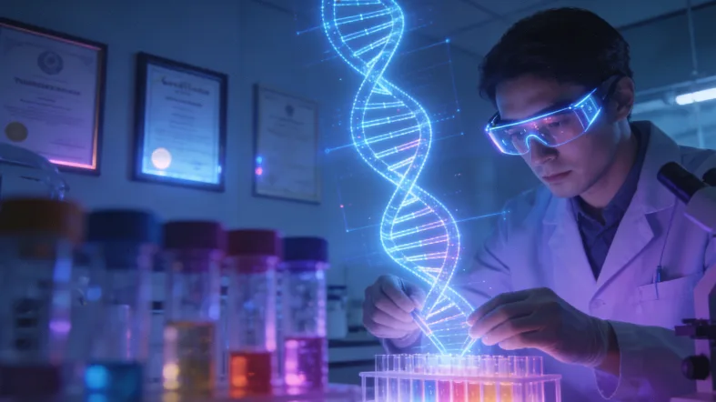 一位老人对照着基因检测报告和药盒，面露疑惑。