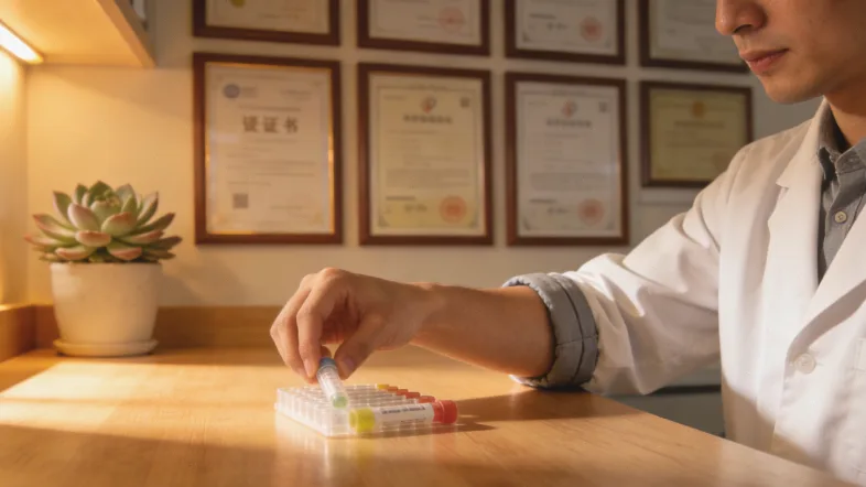 医生在电脑前参考报告开处方