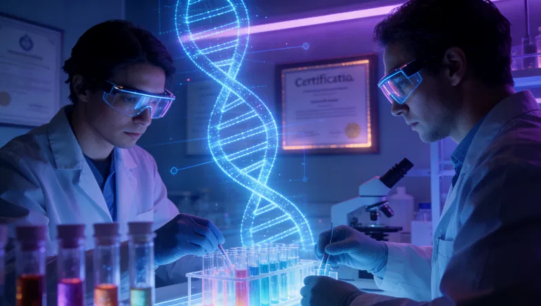 一张形象化的基因双螺旋结构，其中一个点位被高亮标出。