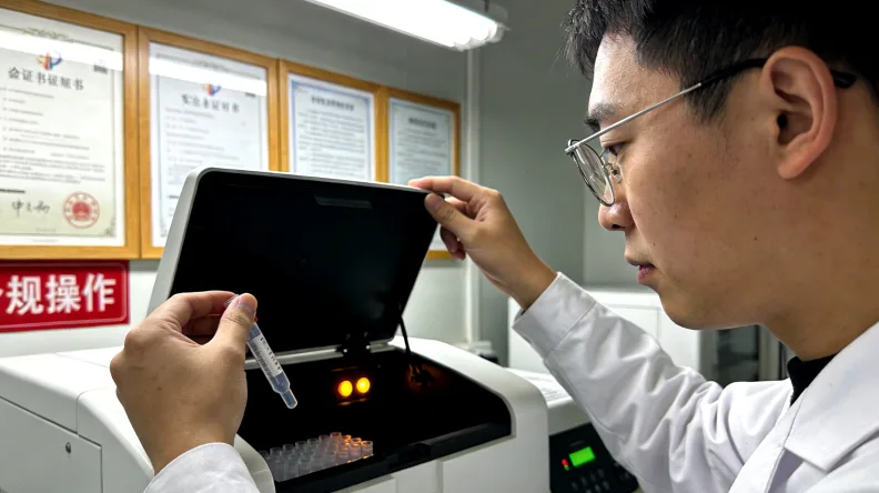 一位女性困惑地看着手中的基因检测报告和叶酸药瓶