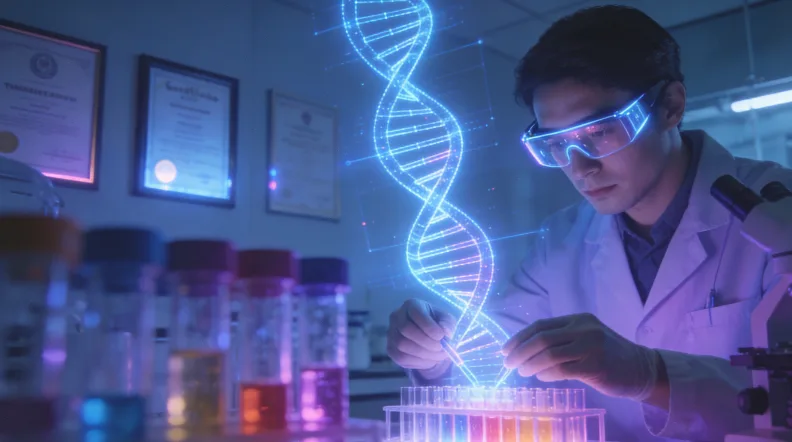 医生和患者一起看基因检测报告，并讨论的温馨场景图