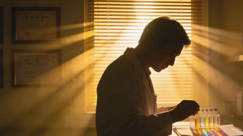 医生在诊室与患者指着CT片子沟通