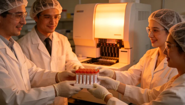 一位家属在书房灯下,神情凝重地阅读基因检测报告。