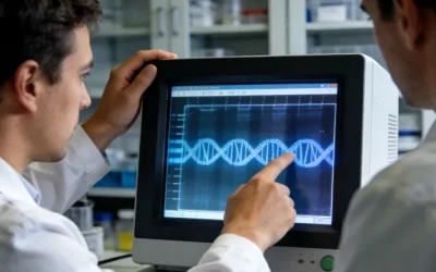 一位患者正在诊室内与医生讨论基因检测报告