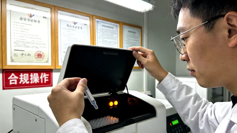 基因双螺旋结构示意图,旁边有放大镜