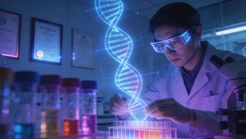 一个人对着一份布满数据和图表的基因检测报告皱眉