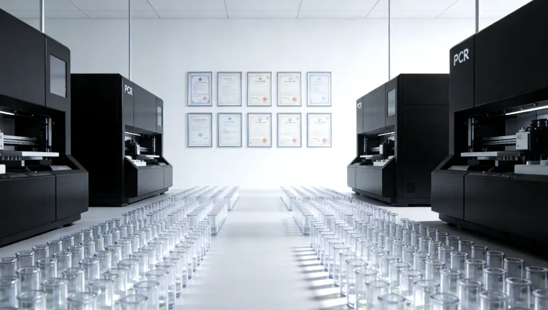 实验室人员处理带有条形码的血样试管