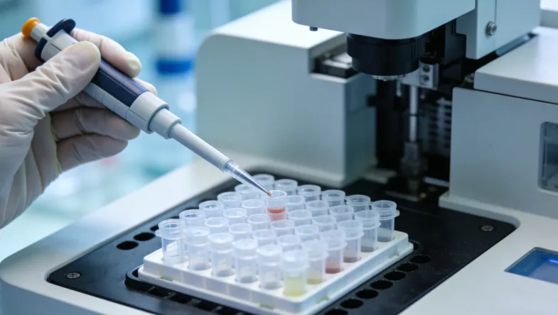 一位女性在医院分诊台前,看着妇科和遗传咨询科的指示牌犹豫