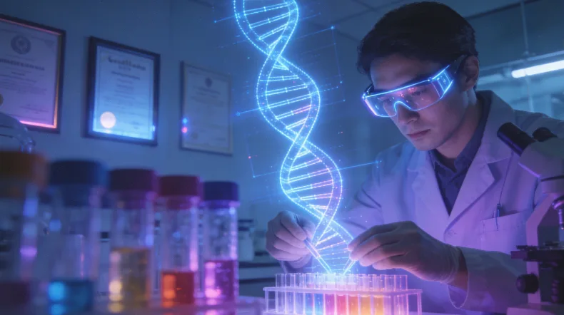 形象对比图：左侧为双螺旋DNA图标（静态），右侧为波动的心电图线条