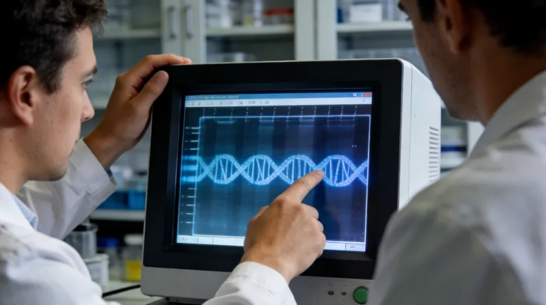 基因检测报告单特写，旁边有一个循环箭头，标注“解读需更新”