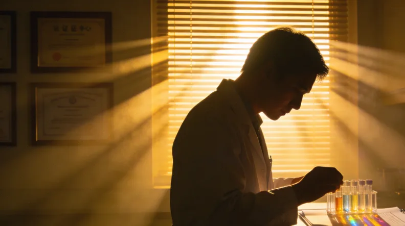 一位妈妈拿着检测报告，担忧地看着喝奶的宝宝