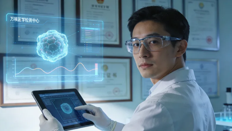 一个人拿着基因检测报告，对着餐桌上的食物思考