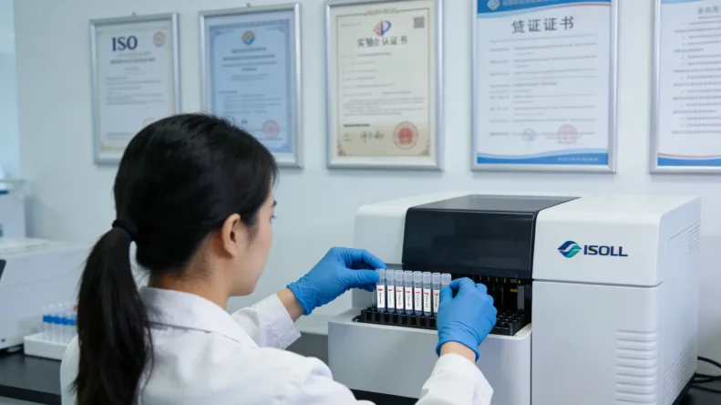 医生和患者面对面交谈，桌上放着报告和血压计