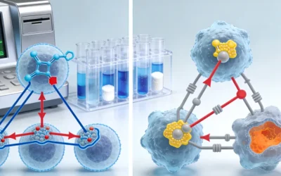 一张形象对比图：左边是稳定的DNA双螺旋，右边是短暂变化的血液药物浓度曲线。