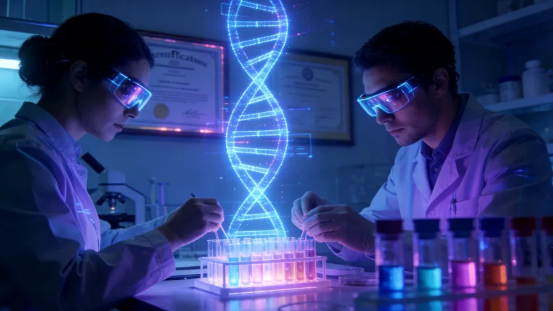 基因检测报告单与靶向药瓶的特写对比图