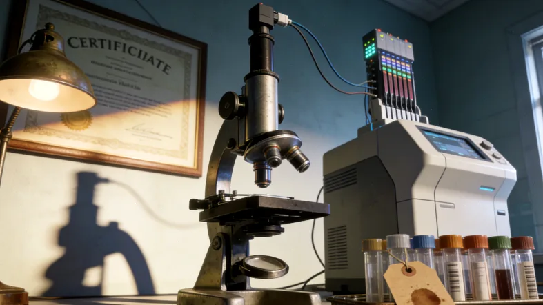 病理医生在显微镜下观察HER2染色切片