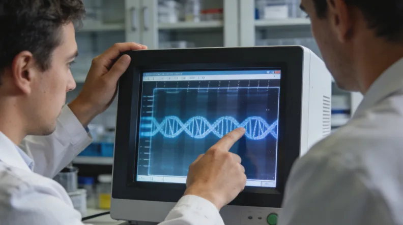 胰腺癌患者与医生讨论基因检测报告的诊室场景