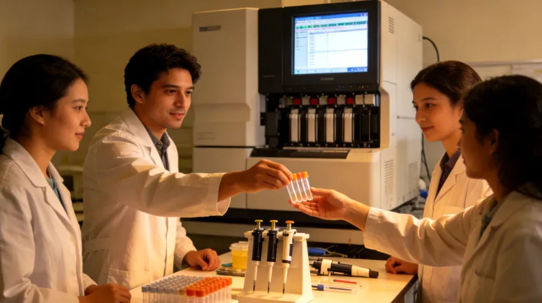 一位医生正在向患者和家属讲解基因检测报告