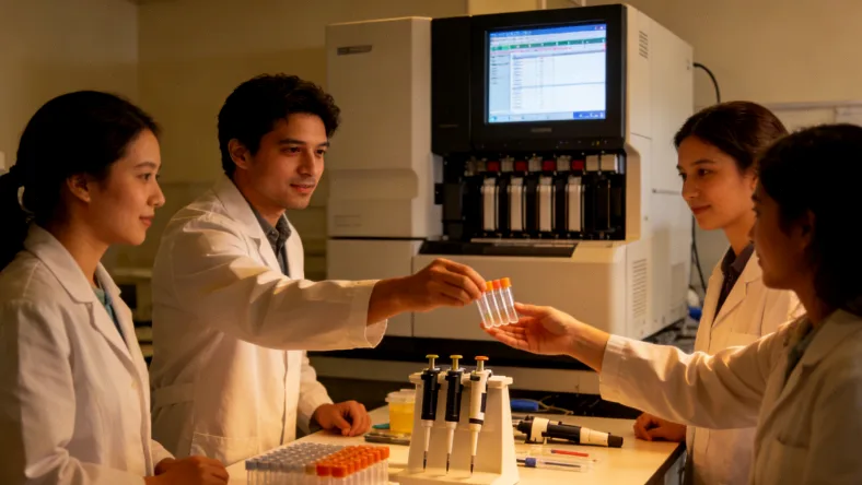 医生在显微镜下观察脑肿瘤病理切片