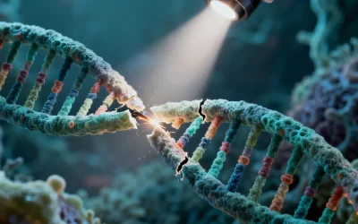 一张形象化的DNA双螺旋结构图，部分片段高亮