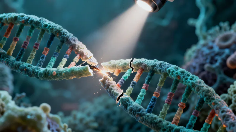 一张形象化的DNA双螺旋结构图，部分片段高亮