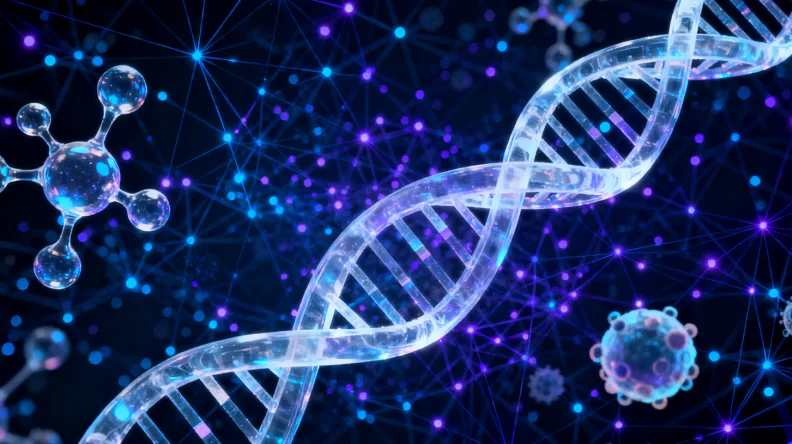 基因双螺旋结构示意图，旁边有问号和感叹号