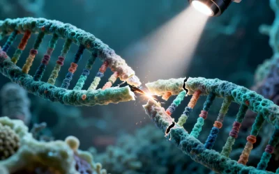 一位医生正指着X光片上细长且有多处旧骨折痕迹的儿童腿骨图像。