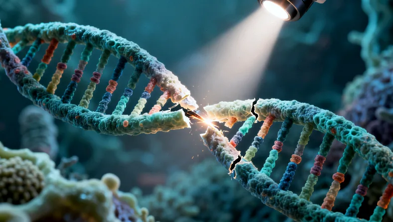 一位医生正指着X光片上细长且有多处旧骨折痕迹的儿童腿骨图像。