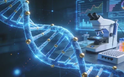 一位消费者面对电脑，屏幕上显示多家基因检测机构网站，表情困惑。