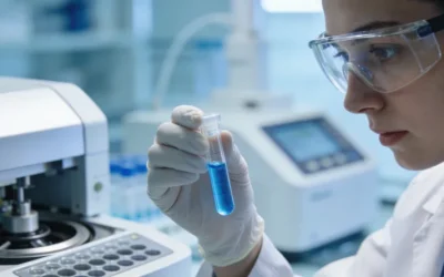 医生在诊室向患者展示组织切片和血液样本