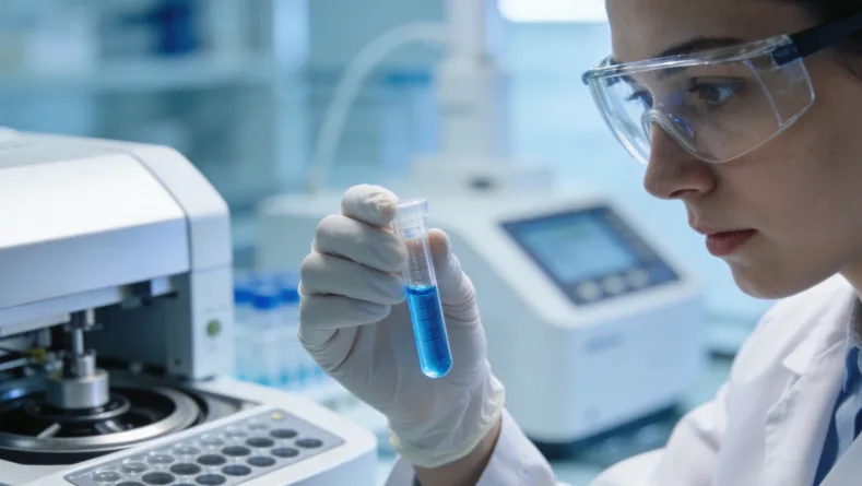 医生在诊室向患者展示组织切片和血液样本