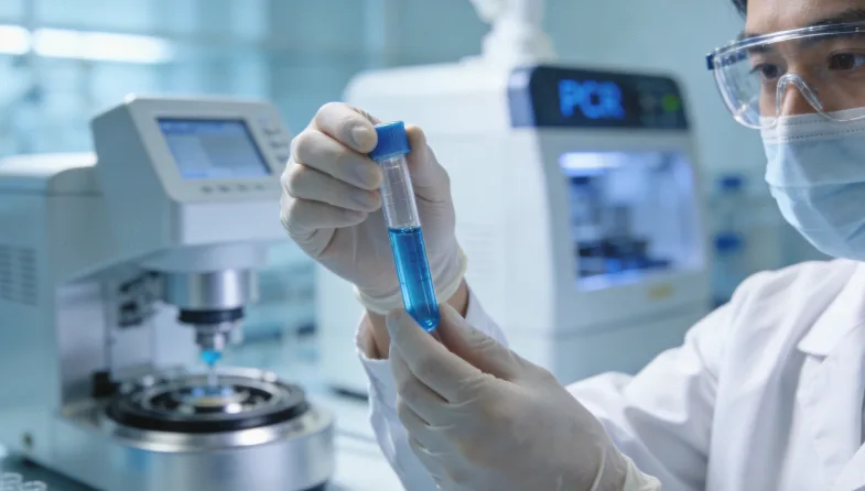 医生与患者面对面坐着，手指向平板电脑上的基因图谱进行讲解