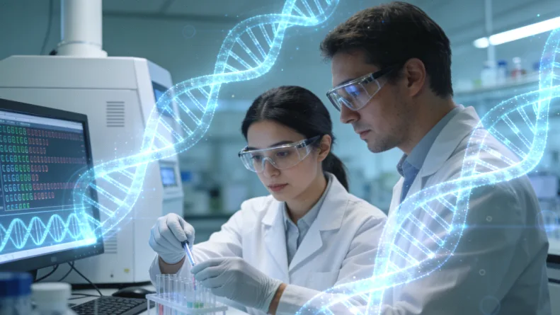 一个立体的药物分子模型正在靠近一个标有“罕见突变”的蛋白靶点