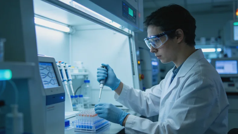 比喻图:左边是大量复印的图纸(基因扩增),右边是堆积如山的零件(蛋白过表达)。