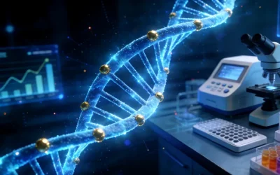 医生向患者展示血液检测和组织活检的示意图