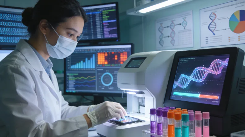 病理医生在显微镜下观察PD-L1染色切片