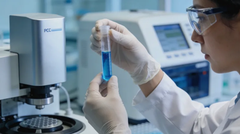 示意图展示肿瘤细胞（红色）与免疫细胞（蓝色）被不同抗体标记