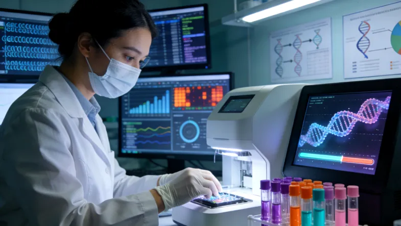 血液样本试管与DNA双螺旋结构示意图