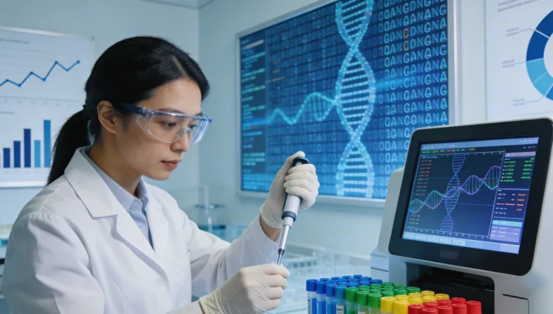 一位患者正在查看显示甲胎蛋白（AFP）数值的体检报告单，表情关切。