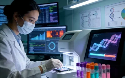 一位年轻女性与医生在诊室共同查看检测报告