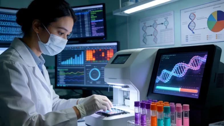 一位年轻女性与医生在诊室共同查看检测报告