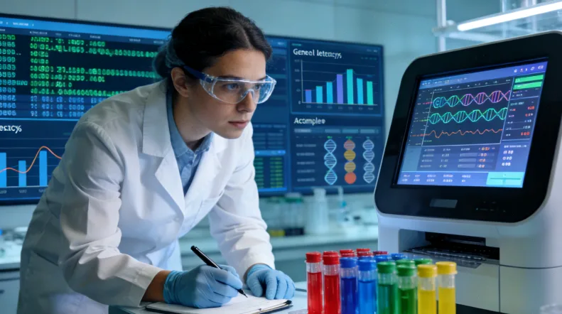 放大镜聚焦在几个特定的基因名称上